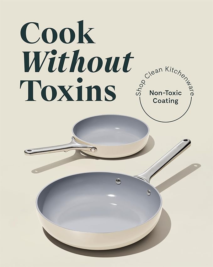 Caraway Fry Pan Duo - Nonstick Ceramic Frying Pan (8" & 10.5”) - Non Toxic, PTFE & PFOA Free - Oven Safe & Compatible with All Stovetops (Gas, Electric & Induction) - Cream