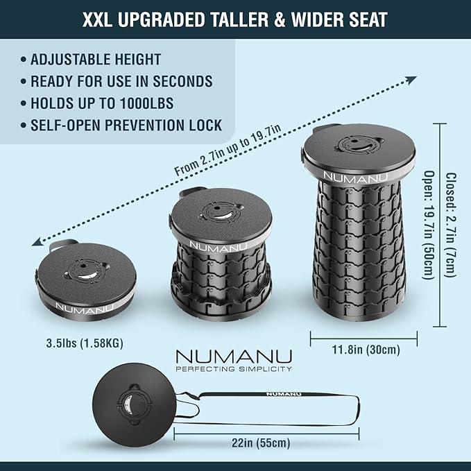 NUMANU 19.7" 2025 Upgraded XXL Collapsible Stool, Cushion & Carry Bag, 1000lbs Capacity 2.7-19.7"H, Heavy Duty Portable Telescopic Seat, Retractable Folding Chair or Travel Footrest, Gift for Outdoors