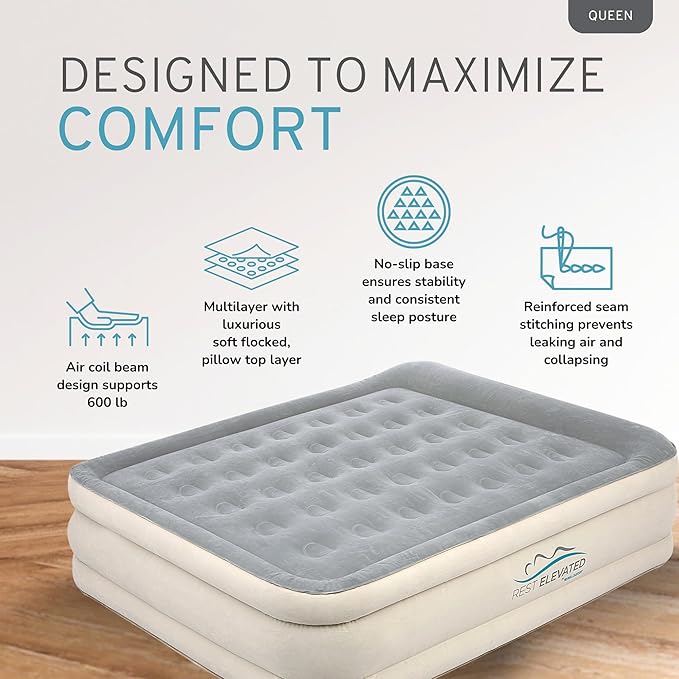 RestElevated Luxury Pillow Top Queen Size Air Mattress with Built in Pump | 20" Raised Height with Coil Beam Support | Adjustable Blow Up Air Bed | for Home, Guests and Camping [Cream with Grey Top]