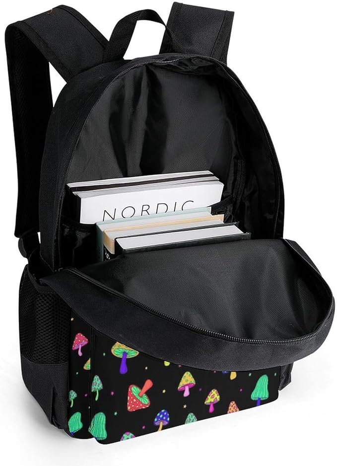 Men Women Lightweight Neon Mushrooms Colorful Backpack Large Capacity Bookbag With Smooth Zippers for Gym Business Running