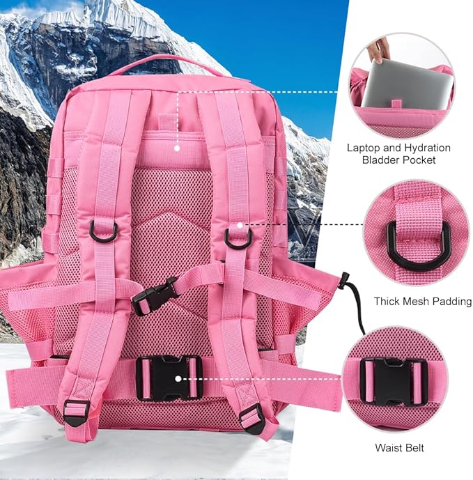 45L MOLLE Assault Backpack, Tactical Backpack Military Army Camping Rucksack with Bottle Holder, 3-Day Pack Trip w/USA Flag Patch, D-Rings, Pink