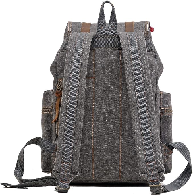 HuaChen Vintage Canvas Travel Backpack with Leather Trim, Laptop Padded Sleeve, Hidden Back Security Pocket, Fits 15-Inch, M32 Gray Large