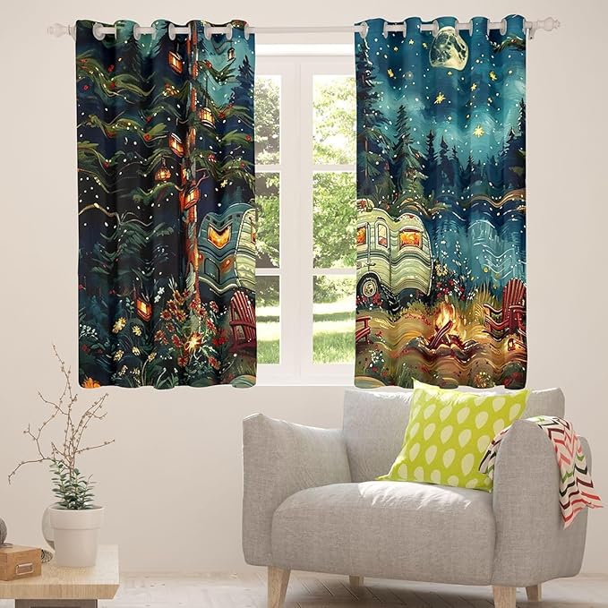 Feelyou RV Camping Camper Blackout Curtains Happy Camping Darkening Drapes for Bedroom Living Room Decor Adventure Camper Thermal Insulated Shades Window Treatments, 2 Panels 52 x 63 Inch