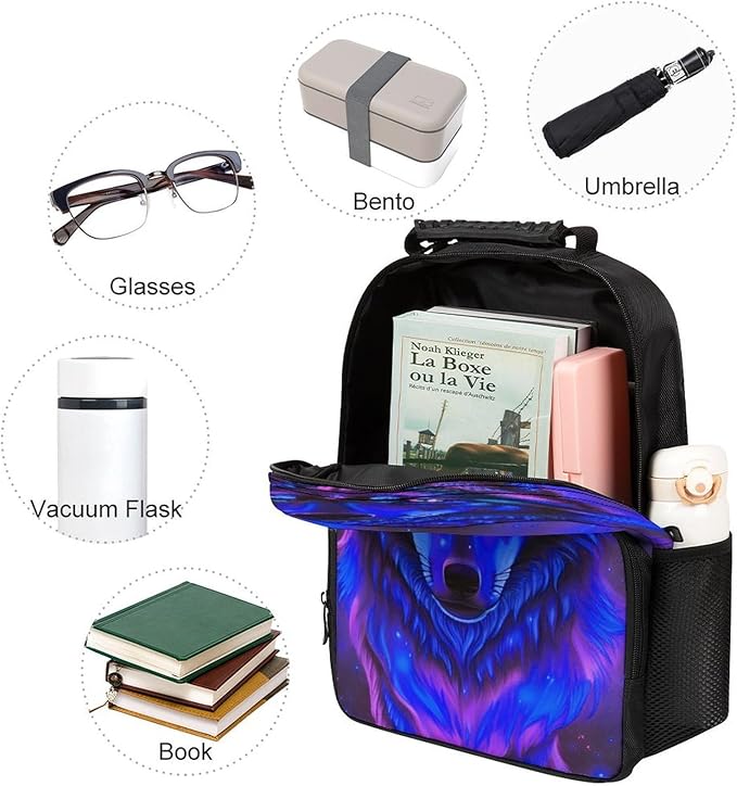Polyester Daypack for Hiking Work Running, Big Capacity Anti-Theft Multipurpose Shoulder Bag, Trippy Tribal Wolf Space Galaxy Art Travel and Sport Backpack Rucksack