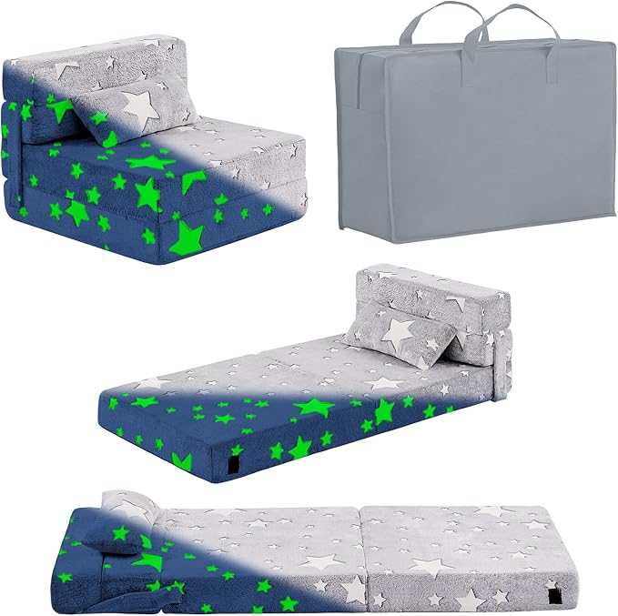Folding Sofa Bed Floor Mattress for Kids with Pillow, Toddler Washable Glow in Dark Folding Floor Mat for Sleeping, Child Fold Up Chair Bed with Storage Bag for Playroom, Camping, Grey Star