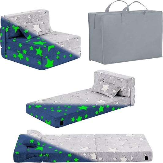 Folding Sofa Bed Floor Mattress for Kids with Pillow, Toddler Washable Glow in Dark Folding Floor Mat for Sleeping, Child Fold Up Chair Bed with Storage Bag for Playroom, Camping, Grey Star