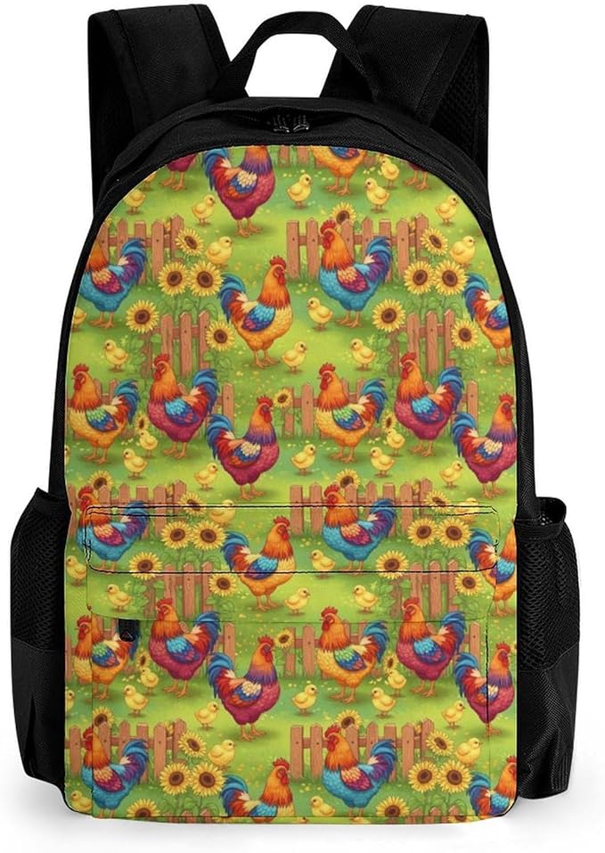 Shoulder Book Bags Polyester Multipurpose Anti-Theft Rooster Chicken Garden Flowers Painting Carry On Bag Large Capacity Travel Hiking Camping Rucksack