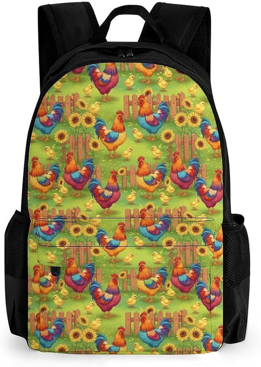 Shoulder Book Bags Polyester Multipurpose Anti-Theft Rooster Chicken Garden Flowers Painting Carry On Bag Large Capacity Travel Hiking Camping Rucksack