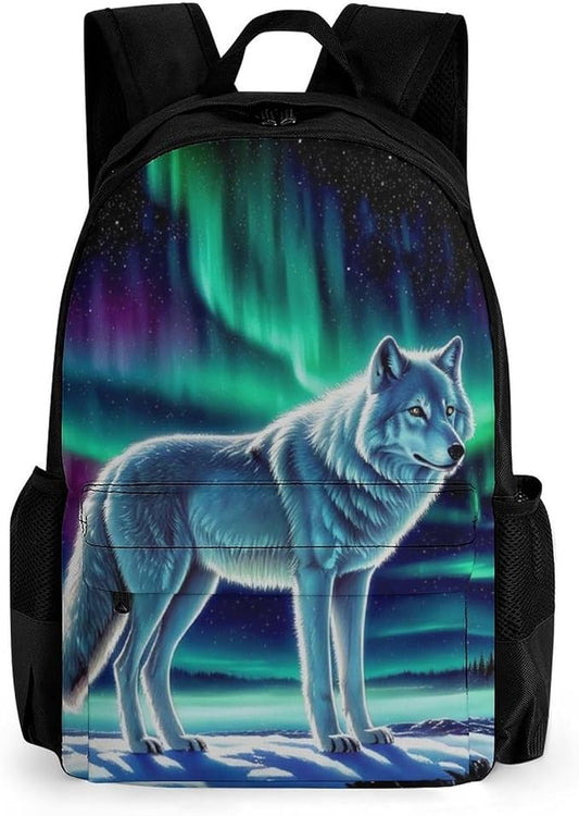 Men Women Lightweight Starry Galaxy Cool Wolf Art Daypack Bookbag Big Capacity Carry On Bag With Side Pockets for Camping Travel Bicycle