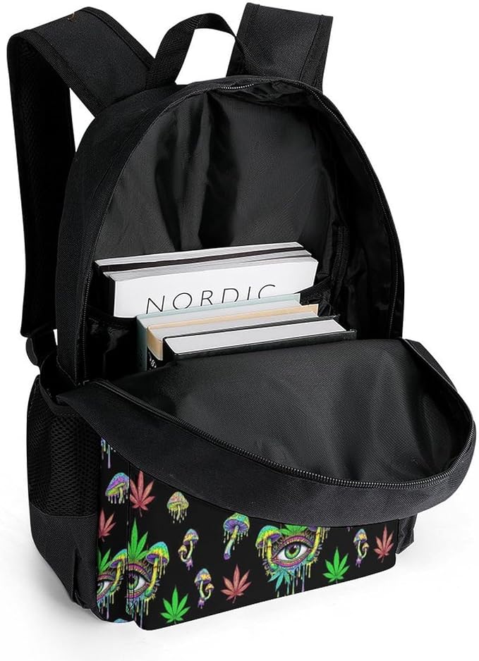 Men Women Polyester Trippy Weedleaf Eyes Mushroom Casual Daypack Large Capacity Carry On Bag With Adjustable Shoulder Straps for Camping Work Running
