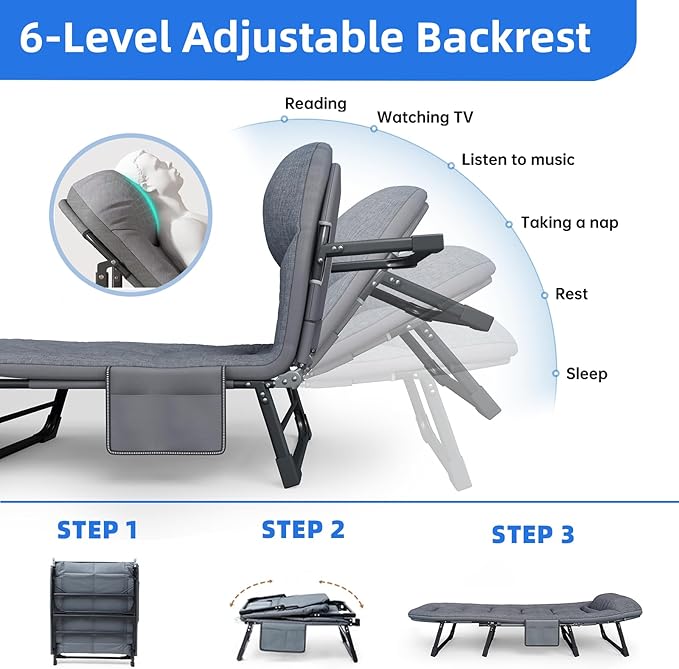 Camping Cot with Mattress, No Assembly Required Heavy Duty Folding Camping Cot for Adults, 550 Lbs Capacity Adjustable Portable Sleeping Bed for Indoor, Outdoor & Patio Use (L''75)
