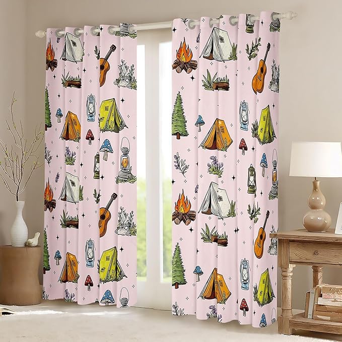 Feelyou Pink Camping Camper Blackout Curtains Campfire Camper Accessories Darkening Drapes for Bedroom Living Room Decor Happy Camping Thermal Insulated Shades Window Treatments, 2 Panels 42 x 90 Inch