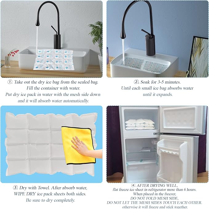Ice Packs for Shipping & Coolers - Dry Ice Sheets for Transporting Frozen Food - Long Lasting Cold Pack for Lunch Bags (4 Sheets x 16 Cells)