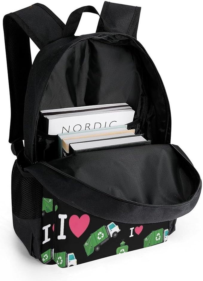 Shoulder Book Bags Polyester Multipurpose Anti-Theft I Heart Love Trash Garbage Trucks Black Carry On Bag Large Capacity Travel Hiking Camping Rucksack