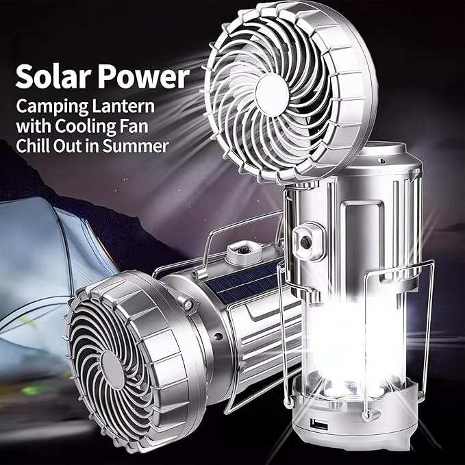 Solar Camping Lantern with Fan, Collapsible LED Lantern USB Rechargeable Solar Powered Camping Light with Phone Charger, Portable Emergency Lantern for Power Outage, Hiking, Tent (Silver)