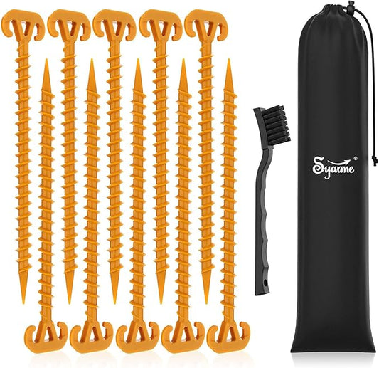 Sand Stakes Beach Ground Anchor 11" Sand Stake,On The Beach and Lawn for Securing Animals,Tents,Canopies and Beach Blankets Etc,Tent Stakes 10pc-Pack Spiral Anchor Stakes,Includes Brush and Bag