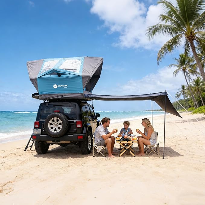 PlayDo Inflatable Rooftop Tent Easy Set Up Pop Up Roof Tent Air Extra Wide Large for 3 Person Family Camping Waterproof Cotton Tents for Truck Car SUV with Light, Skylight