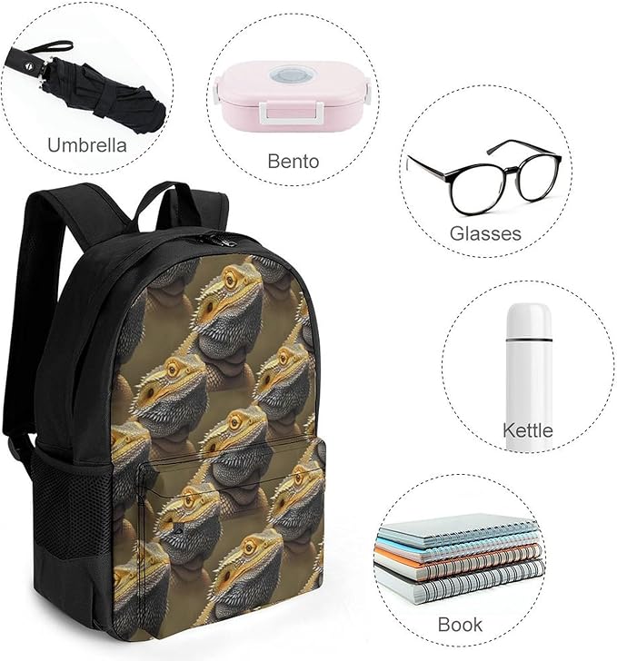 Men Women Lightweight Funny Bearded Dragon Lizards Art Daypack Bookbag Big Capacity Carry On Bag With Side Pockets for Camping Travel Bicycle