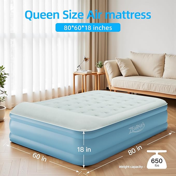 Air Mattress Queen with Built in Pump, Blow Up Mattress 18 Raised Comfort, Upgraded Surface Portable Air Bed with Pillow, Inflatable Mattress for Camping, Home and Guest, 650 lbs Max