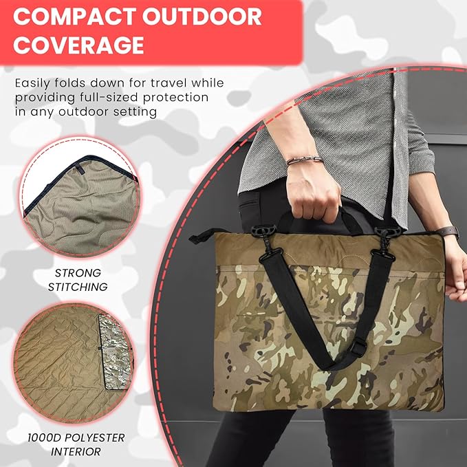Outdoor Packable Camo Blanket - 1000D Polyester Interior & RIPSTOP Fabric Exterior Blanket with Adjustable & Removable Carrying Strap - Front, Back Storage Pocket - Ideal for Camping & Outdoor Use
