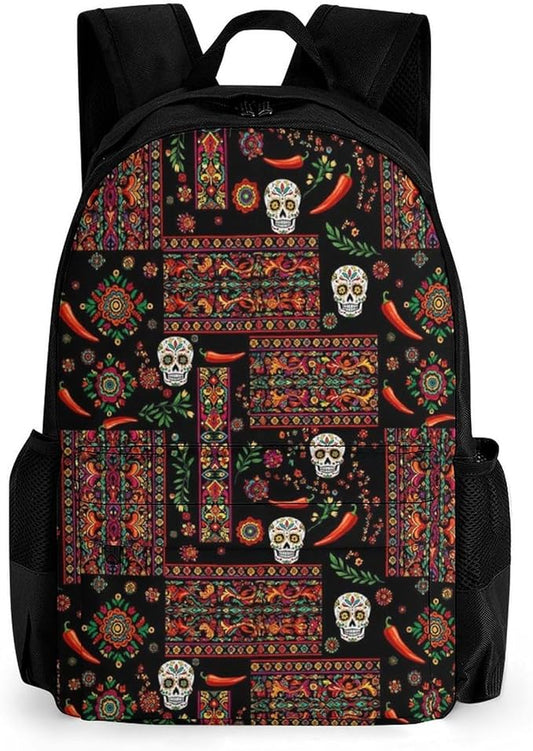 Daypack Backpack Polyester Anti-Theft Multipurpose Mexican Style Sugar Skull Traditional Paisley Bookbag Big Capacity Travel Hiking Camping Rucksack With Smooth Zippers