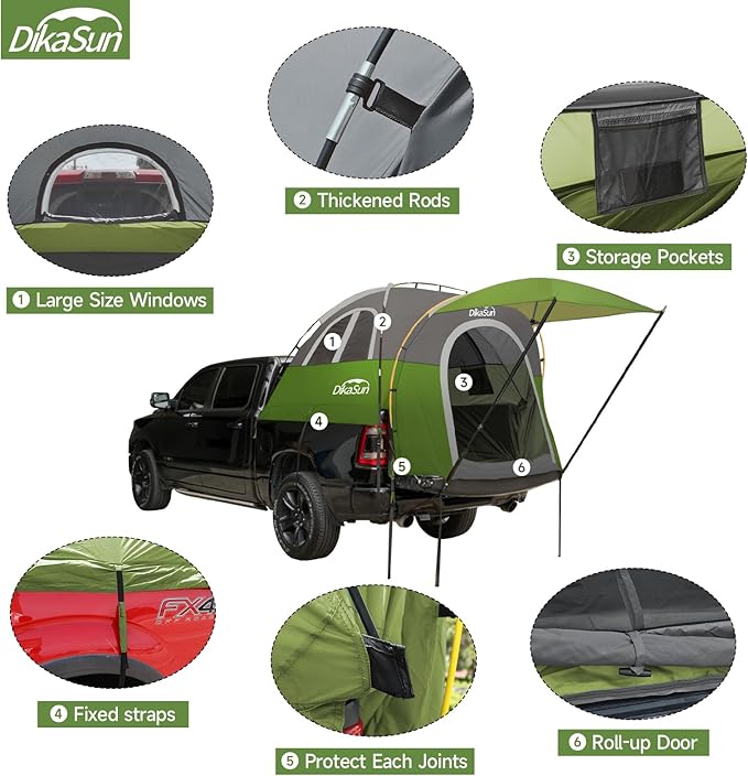 Truck Bed Tent, Double Layer Truck Tent 5.5-5.8 Ft, Waterproof PU3000mm Tear-Resistant Pickup Tent for 2 Person Camping and Outdoor with Awning