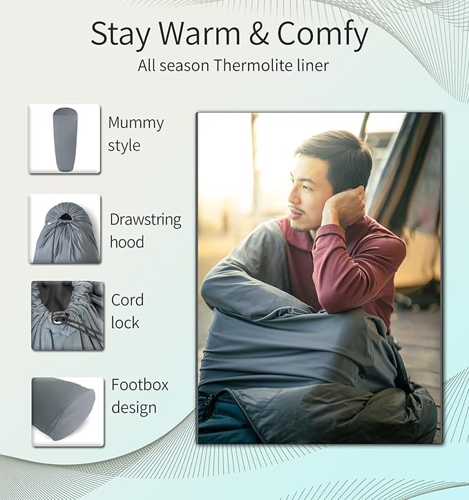 Litume Thermolite All Season Sleeping Bag Liner Add Up to 22°F / 12°C, Mummy Sleeping Sack for Backpacking, Camping, Traveling, for Cold Weather Winter, Sleep Sack with Drawstring Hood (E626)