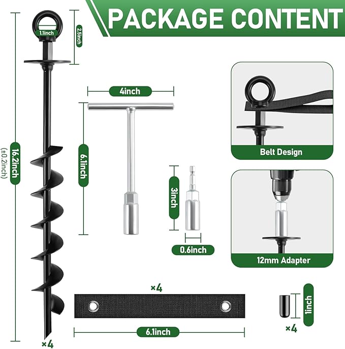 Ground Anchors Screw in - Heavy Duty Trampoline Anchors/Stakes for High Wind, 4 Pack Earth Anchor Kit with Straps and Wrenches for Swing Set, Trampolines, Shed, Mobile Home, Carport, Gazebo