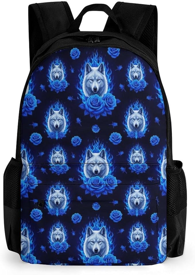 Sturdy Multipurpose Dual Shoulder Bag for Gym and Outdoor Activities, Floral Fantasy Wolf Blue Rose, Travel Hiking Daypack
