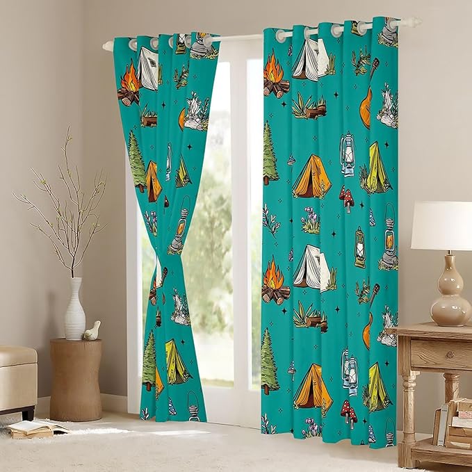 Feelyou Green Camping Camper Curtains for Bedroom Living Room Campfire Camper Accessories Blackout Shades Happy Camping Room Darkening Curtain Window Treatments, 2 Panels 42 x 84 Inch Decor