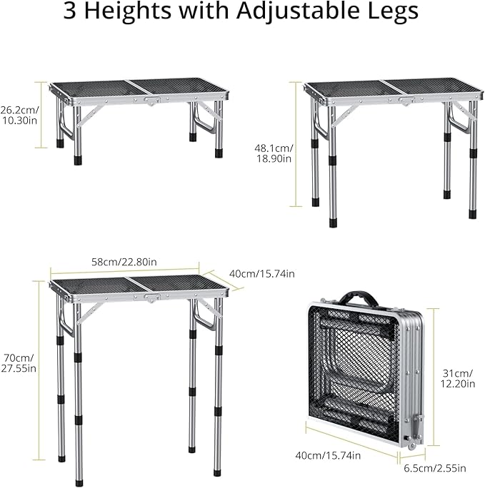 2ft Folding Grill Table, Adjustable Height Max 27.5" Aluminum Camping Table, Heat-Resistant Tabletop, Lightweight, Portable Handle for Travel Cooking BBQ Picnic, 22.8" x 16", Silver