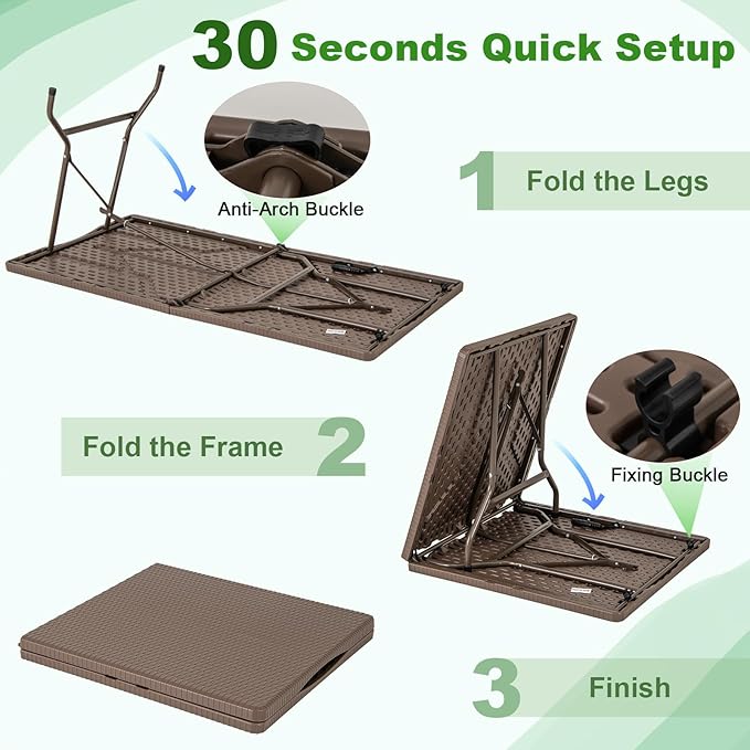 Tangkula 5FT Folding Table, Indoor Outdoor Foldable Plastic Table with Rattan Textured HDPE Tabletop, Sturdy Metal Fame, Carrying Handle, 4-6 Person Picnic Table for Camping BBQ Party