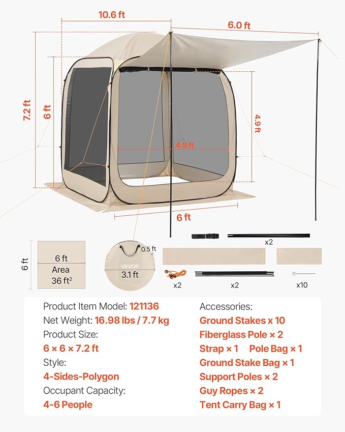 VEVOR Pop Up Screen House Tent, 6 x 6 ft, 4-6 Person Screen Gazebo with Extended Awning, Portable Screened in Canopy with Carry Bag, Netting Sides, for Patio, Backyard, and Outdoor Activities, Beige