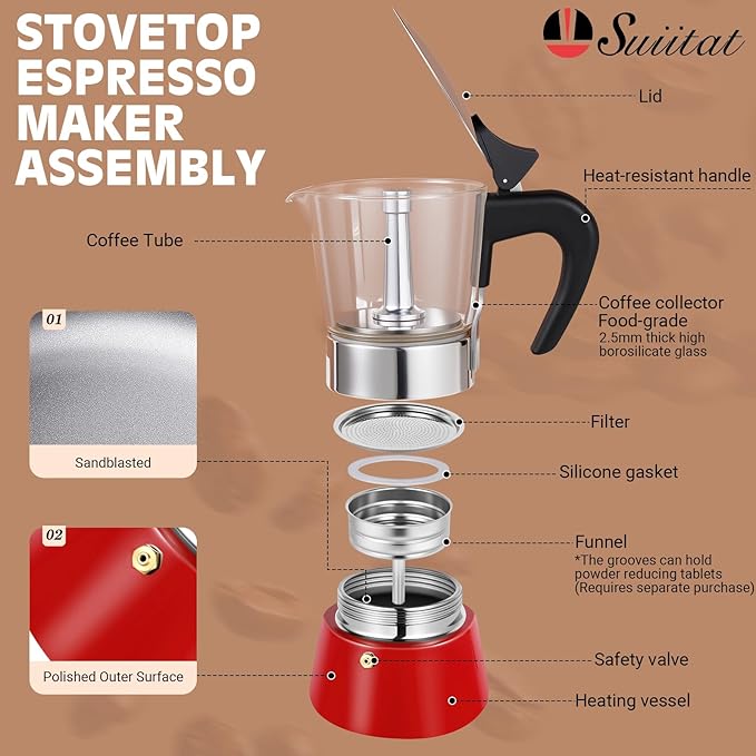 Induction Moka Pot, 4 Cups (7.1 oz) Crystal Glass-Top & Stainless Steel Moka Pot, Classic Stovetop Espresso Maker, Red