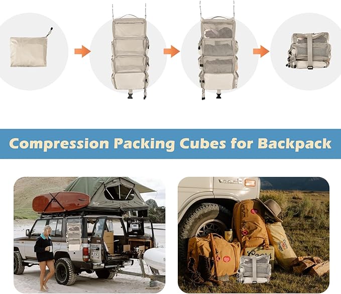 Surblue Travel Hanging Packing Cubes with 2 Hooks Hanging Shelves for Luggage Organizers Portable Compression 4 Shelf Closet Carry-on Suitcases Organizers, Small, Beige