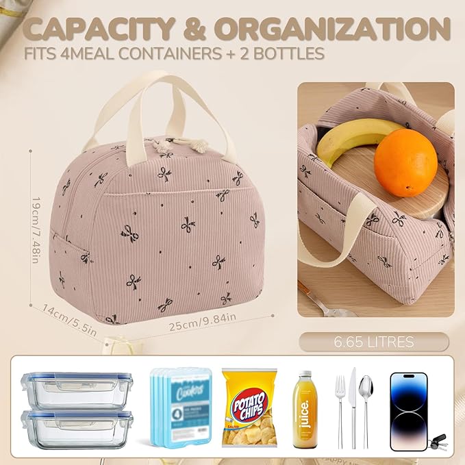 Lunch Bag for Women Men Cute Corduroy Lunch Tote Bags Reusable Insulated Lunch Box Large Capacity Reusable Insulated Cooler for Work/Picnic/Travel