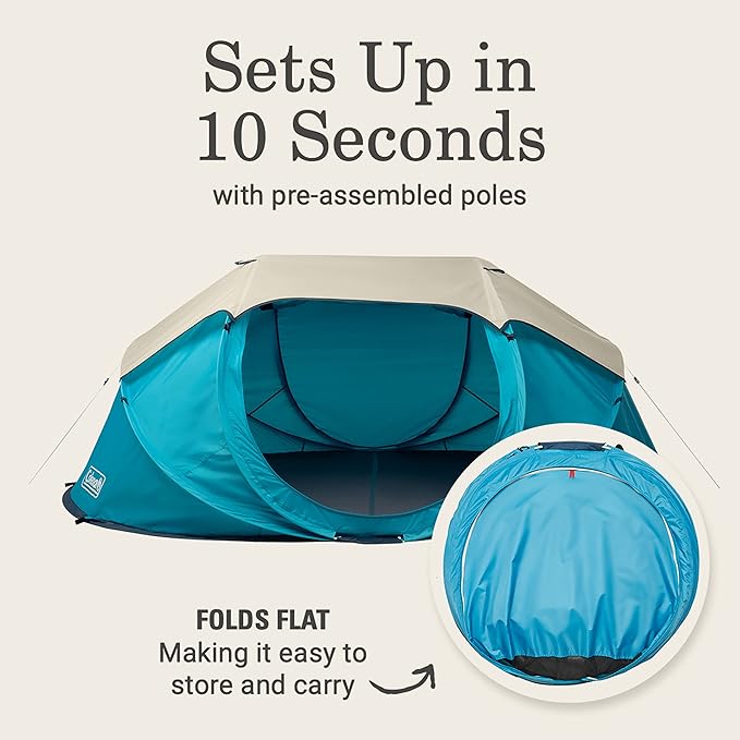 Coleman Pop-Up Instant Tent Sets Up in 10 Seconds, Portable & Lightweight 2/4 Person Weatherproof Camping Tent with Adjustable Rainfly