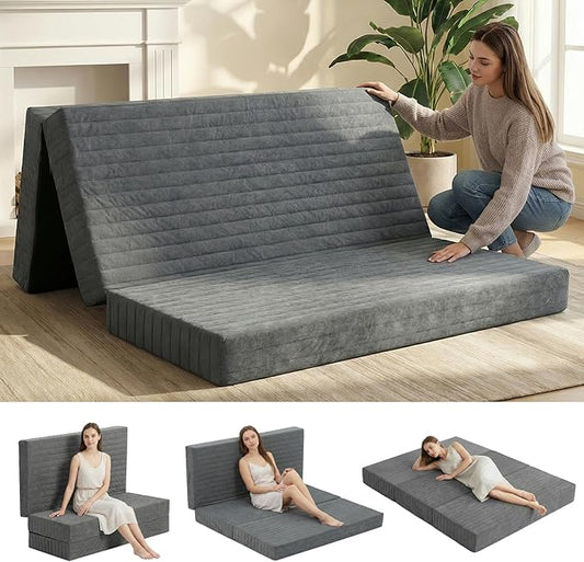 6-Inch Tri-Fold Mattress Full Size, Covertible Bed Floor Futon Mattress with Handles & Non-Slip Bottom, Foldable Mattress with Removable Tufted for Guest, Camping, Dorm