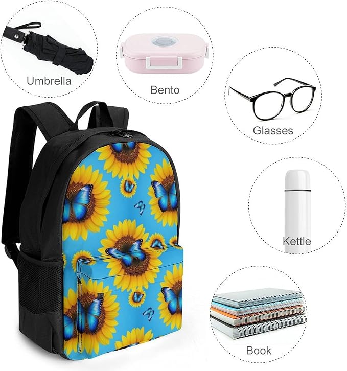Sports Gym Outdoor Backpack Blue Monarch Butterfly Sunflower College Bookbag with Large Capacity Rucksack for Men Women