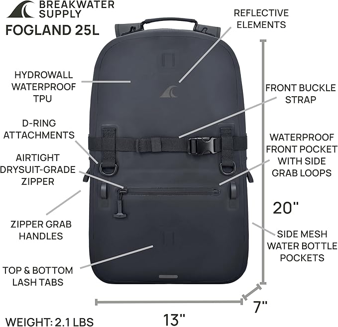 Breakwater Supply™ Fogland Waterproof IP68 Submersible Backpack with Airtight Zippers | Laptop Travel Outdoors | 25L 20L 15L | 100% Waterproof, Submersible, Airtight Zippers, Travel Outdoors