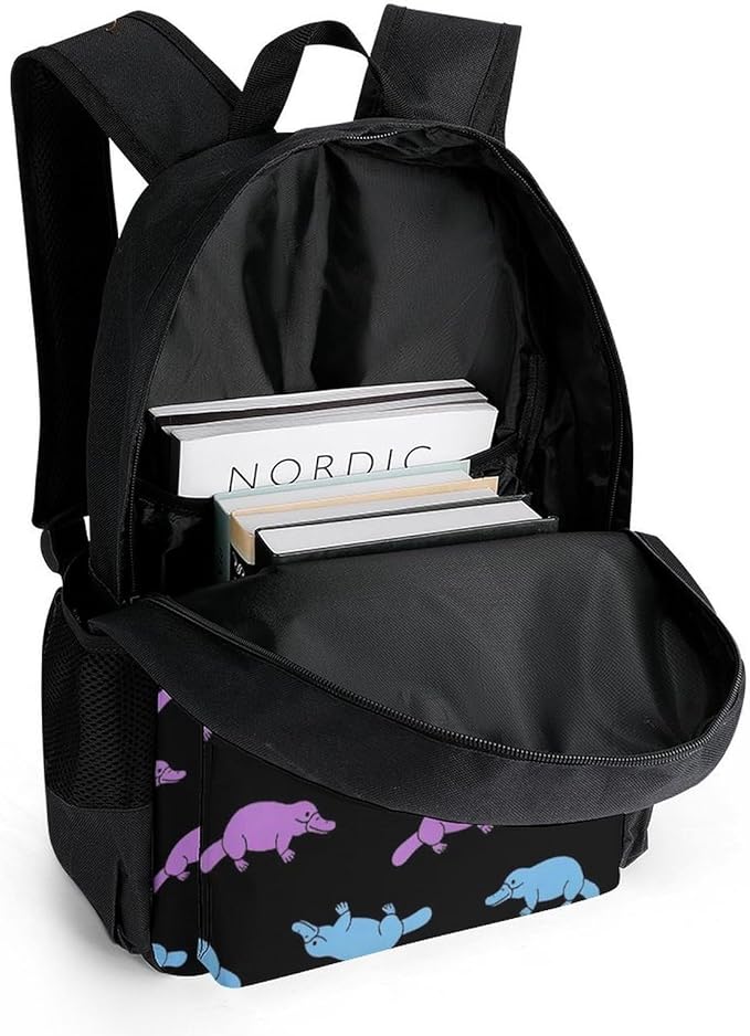 Men Women Lightweight Purple Platypus Cartoon Black Daypack Bookbag Big Capacity Carry On Bag With Side Pockets for Camping Travel Bicycle