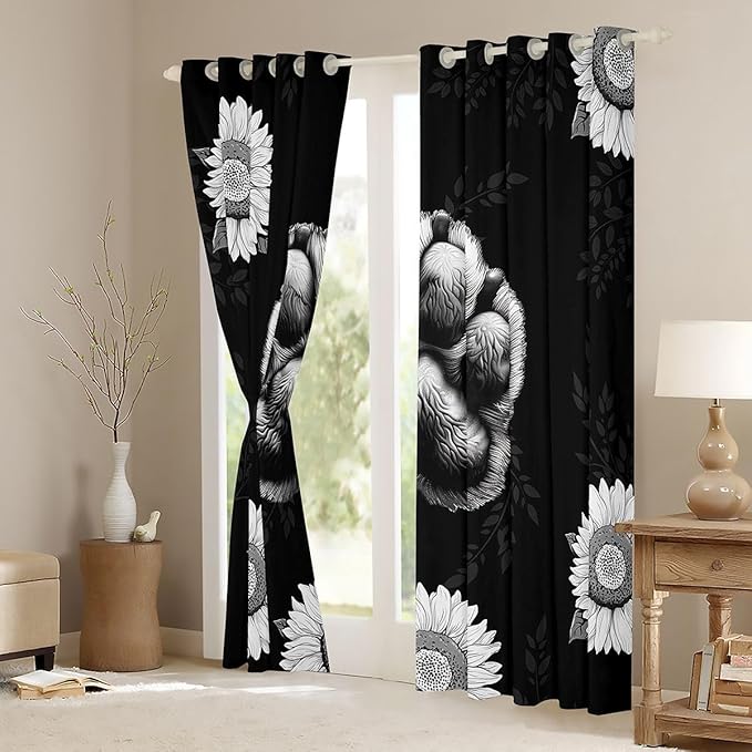 Manfei Bear Paw Print Blackout Curtains Sunflower Leaves Print Window Drapes,Wild Animal Footprints Window Treatments,Kids Boys Girls Room Decor,Grommet Top 2 Panel Set Bedroom Curtains, 38Wx45L inch