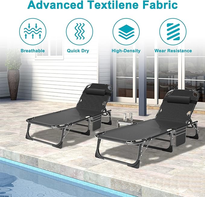 ABORON 5 Positions Camping Cots for Adults,Outdoor Folding Sleeping Cot/Mat,Folding Chaise Lounge Chair with Pillow,Portable Reclining Chair for Beach Lawn Camping Pool,Sunbathing Chairs