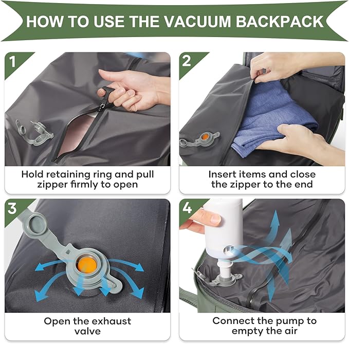 coowoz Vacuum Backpack Travel with Pump,Travel Backpack with Vacuum System For Women Men,Carry On Backpack,Hiking Backpack Waterproof Outdoor Sports Rucksack Casual Daypack,33L(Vacuum pump)