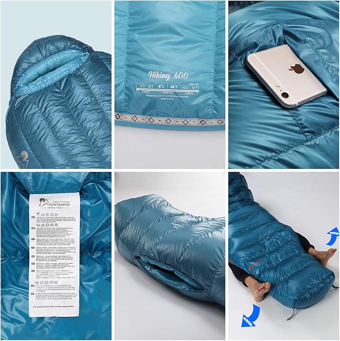 Mountaintop Ultralight Mummy Down Sleeping Bag 650 Fill Power Duck Down Suits for 32 Degree F for Camping Hiking Backpacking