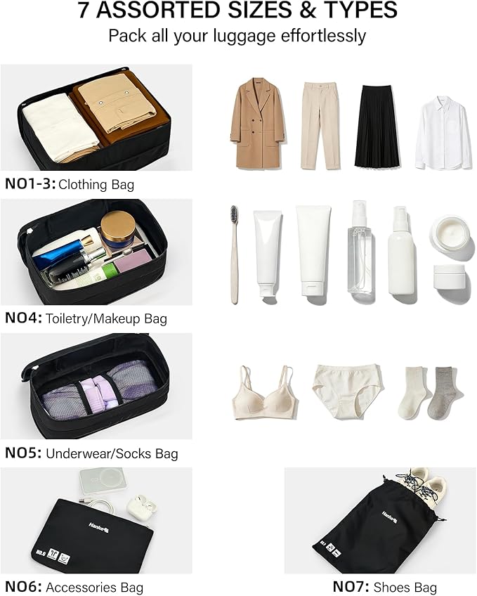 Hanke 7 Piece Expandable Compression Packing Cubes, Premium Travel Packing Organizers for Suitcases/Carry On, Luggage Organizer Bags with Breathable Mesh & Label,Black