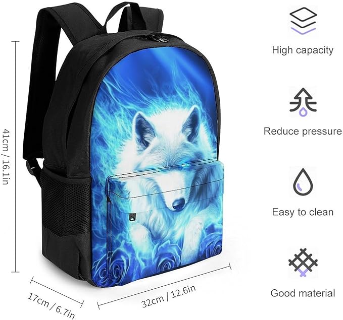 Rucksack Multipurpose Anti-Theft Big Capacity Shoulder Bag, Blue Fire Flame Rose Wolf Travel Hiking Camping Rucksack With Side Pockets