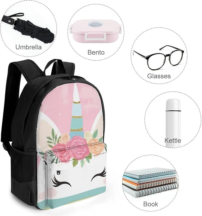 Rucksack Anti-Theft Multipurpose Large Capacity Carry On Bag, Pink Unicorns Face Travel Hiking Bag Day Pack With Side Pockets