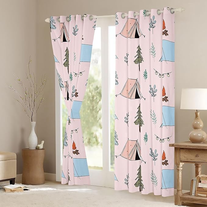 Feelyou Cute Pink Camping Camper Blackout Curtains Campfire Tent Darkening Drapes for Bedroom Living Room Decor Happy Camping Thermal Insulated Shades Window Treatments, 2 Panels 42 x 90 Inch