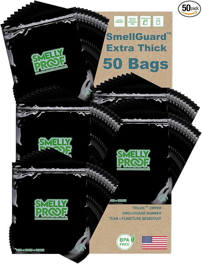 Smelly Proof Reusable Bags Black, 4-MIL Thick HEAVY DUTY, US-Made BPA Free, No PEVA, Non-Silicone, Reusable Food Storage Bags, Reusable Freezer Bags, Quart 8.5" x 10" 50-Pack